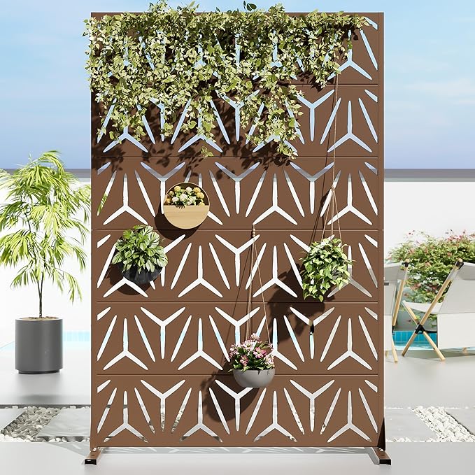 Casaphoria Metal Privacy Screen Outdoor, 72" H x 47" W Freestanding Decorative Privacy Screen for Patio Deck Balcony Garden with Stable Base, Brown Star