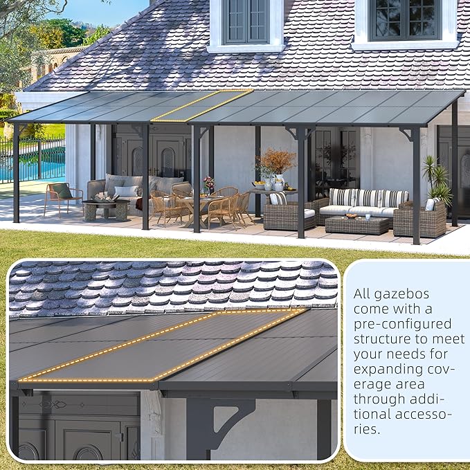 AECOJOY 22' x 8' Gazebo for Patio, Large Wall-Mounted Hard Top Lean-to Gazebo Pergola with Roof 8' x 22' on Clearance, Heavy Duty Patio Awnings for Decks, Backyard