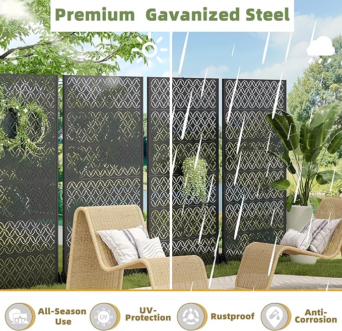 Casaphoria Metal Privacy Screen Outdoor, 72" H x 47" W Freestanding Decorative Privacy Screen for Patio Deck Balcony Garden with Stable Base, Palace Black