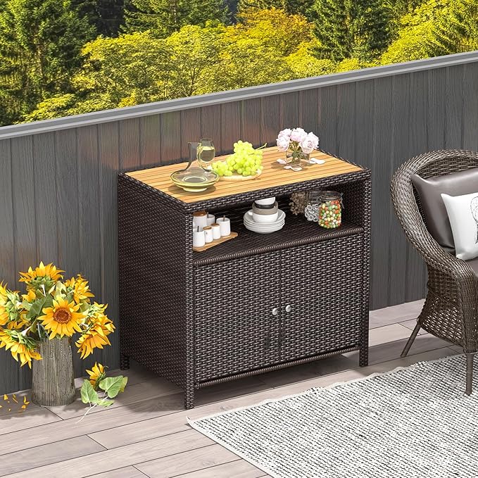 Tangkula Rattan Outdoor Storage Cabinet, Patiojoy Outdoor Cabinet with Acacia Wood Countertop, Open Compartment, 2-Door Wicker Sideboard, Outdoor Bar for Patio Garden Backyard Poolside (Mix Brown)