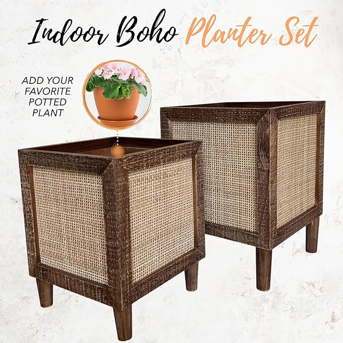 Autumn Alley Rustic Boho Large Indoor Planter - Rattan Planter Boxes Outdoor Set of 2 – Wooden Indoor or Outdoor Plant Box Stands – Decorative Square Woven Rattan Flower Pots for Home & Office