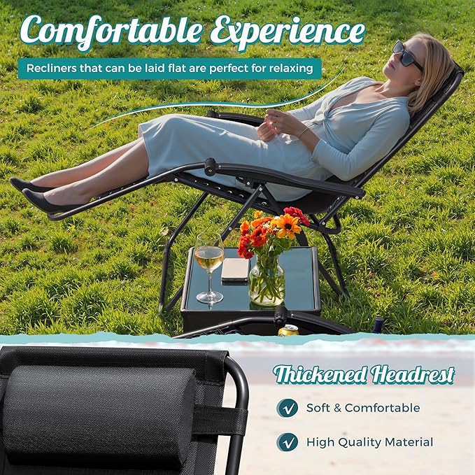 Homall Zero Gravity Chair Patio Folding Lawn Lounge Chairs Outdoor Lounge Gravity Chair Camp Reclining Chair with Pillows for Poolside Backyard and Beach Set of 2 (Dark Black)