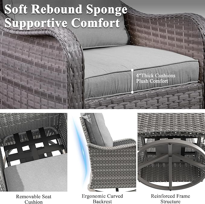 2-Seat Modern Patio Furniture Set with Swivel Rocking Chairs, Thick 4″ Cushions, Dual-Strand Wicker Rattan, Rust-Resistant Steel Frame – Outdoor Conversation & Modular Sectional,Gray