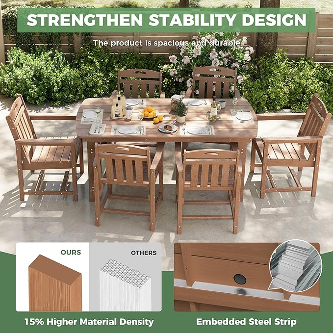 HDPE Outdoor Dining Set, Patio Table and Chairs Set, All-Weather 7-Piece Outside Table and 6 Chairs, 2" Umbrella Hole, Outdoor Furniture for Garden, Poolside, Backyard, Deck | Teak