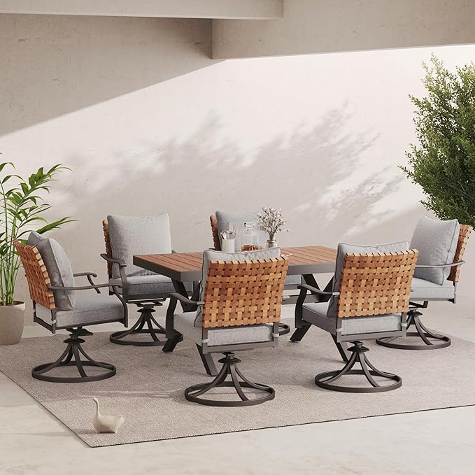 Grand patio 7-Piece Outdoor Dining Set, 6 Leather-Look Wicker Swivel Patio Chairs & 1 Extendable Rectangular Dining Table, Brown