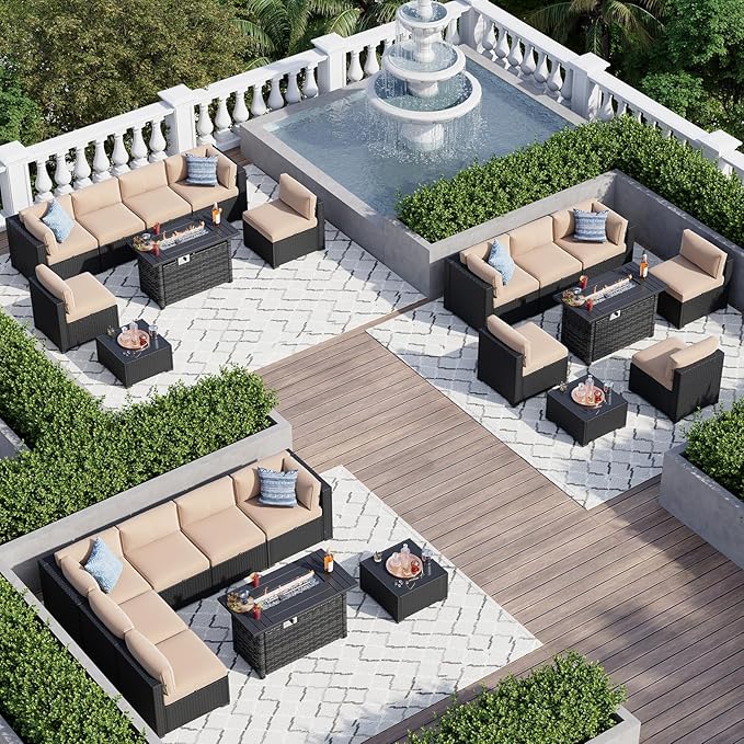 Aoxun 8 Piece Patio Furniture Set with 44” Fire Pit Table Wicker Rattan Patio Sectional Sofa Set Outdoor Seating Furniture with Thickened Cushion, Beige
