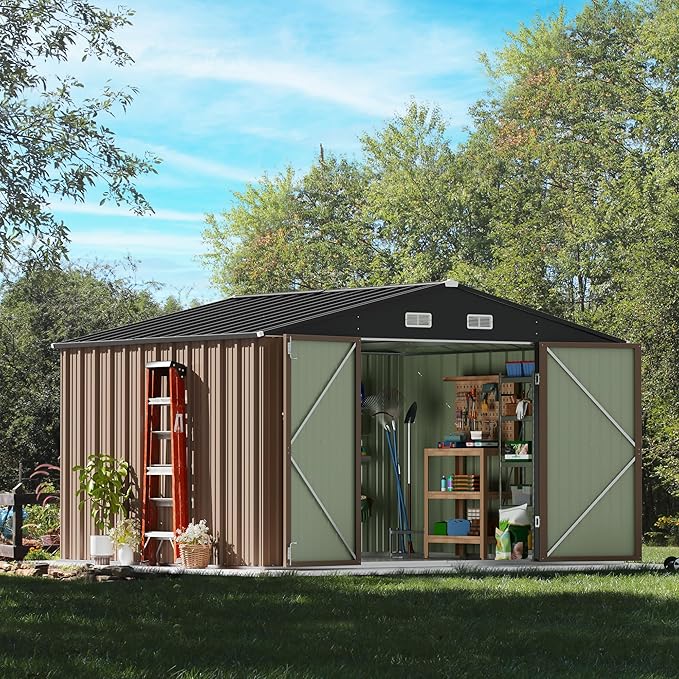 Devoko 10 x 8 FT Outdoor Storage Shed, Metal Garden Sheds & Outdoor Storage Clearance, Large Tool Shed Outdoor with Single Lockable Door for Patio Lawn Backyard (Brown)