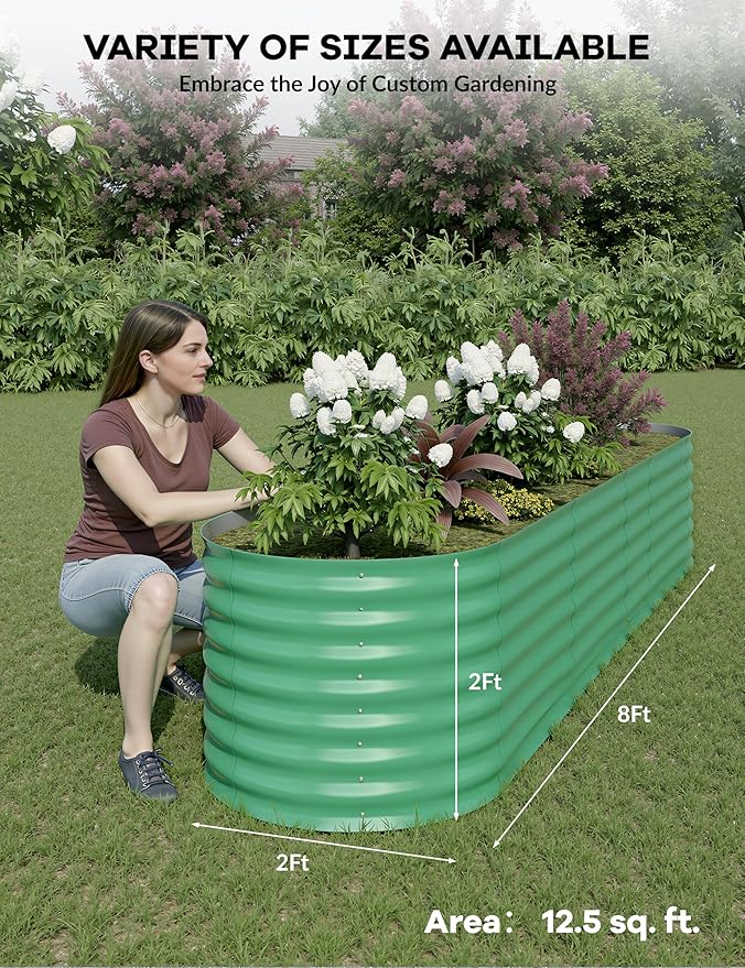 GarveeLife 8x2x2 ft Galvanized Raised Garden Bed - 24“ Tall Metal Planter Box for Vegetables, Flowers, Herbs, Rust-Resistant Outdoor Garden Box, Easy Assembly Raised Beds for Gardening, Green