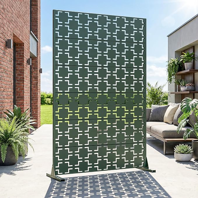 Casaphoria Metal Privacy Screen Outdoor, 72" H x 47" W Freestanding Decorative Privacy Screen for Patio Deck Balcony Garden with Stable Base, Drakgreen-Square
