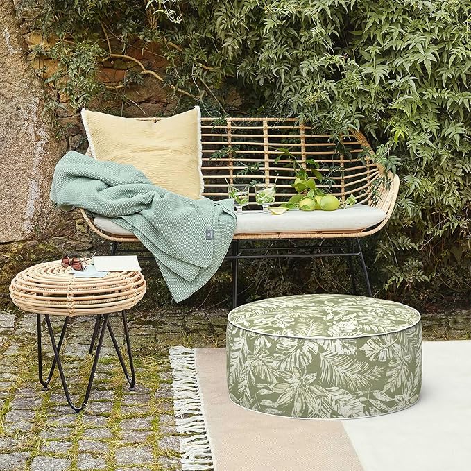LVTXIII Inflatable Stool Ottoman Footrest with Handle, Decorative Fade-Resistant Foot Stool, Indoor or Outdoor Pouf for Home Garden and Camping Use, D21 x W 21 x H9, Tropical Leaf Green