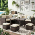 Wisteria Lane 7 Piece Patio Furniture Set, Wicker Patio Sectional with Wide Armrest, All Weather Outdoor Dining Set, Outdoor Furniture Patio Conversation Set with Ottoman, Brown