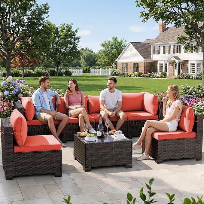 LEVELEVE 7 Pieces Outdoor Patio Furniture Sets,Rattan Conversation Sectional Set,Manual Weaving Wicker Patio Sofa with Tea Table