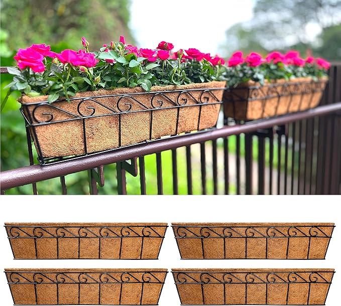LaLaGreen Wall Mounted Planters - 30 Inch, 4 Pack Window Flower Boxes Basket Outdoor, Balcony Planter Over The Rail, Deck Railing Hanging with Coco Liners, Metal Horse Troughs Fence Patio Porch