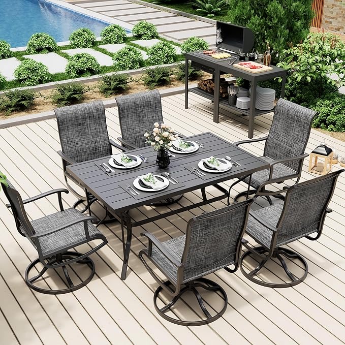 Pamapic 7-Piece Patio Dining Furniture Set with Swivel Chairs, Outdoor Table & 6 Textilene Chairs for Garden, Backyard, Pool, Deck, Gray