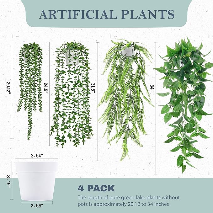 Der Rose 4Pcs Fake Plants Hanging Artificial Ivy Vine Faux Eucalyptus Hanging Plants, Boston Fern, String of Pearls for Living Room Bedroom Boho Wall Shelf Indoor Outdoor Decor (White Pots)