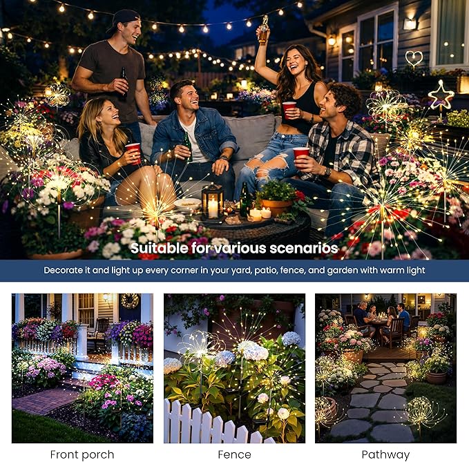 Solar Lights Outdoor, 120LED 8 Pack Fairy Garden Lights Decor for Outside Fireworks Lights Solar Powered for Yard, Patio, Pathway, Walkway, Balcony, Warm White