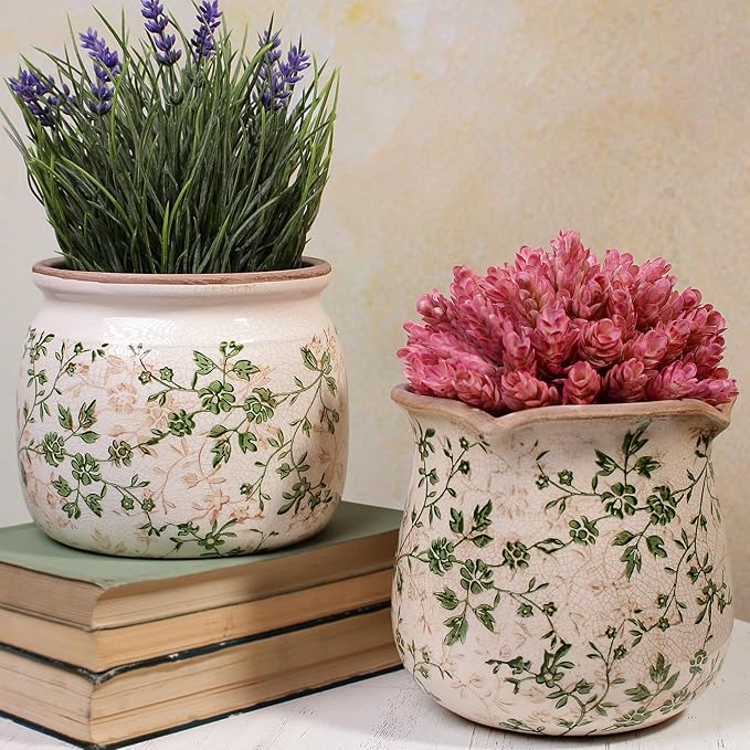 Vintage Country Ceramic Vase and Planters, 6.29 Inch Small Plant Pots for Indoor English Garden Decor, Old World Room & Home Decor, Sage Beige