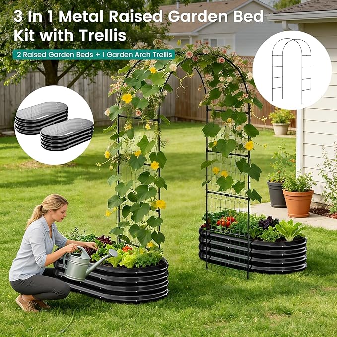 DoCred 3 in 1 Raised Garden Bed with 87in Tall Arch Trellis for Climbing Plants, Galvanized Planter Garden Box Outdoor for Gardening, Climbing Vegetables, Flower, Black