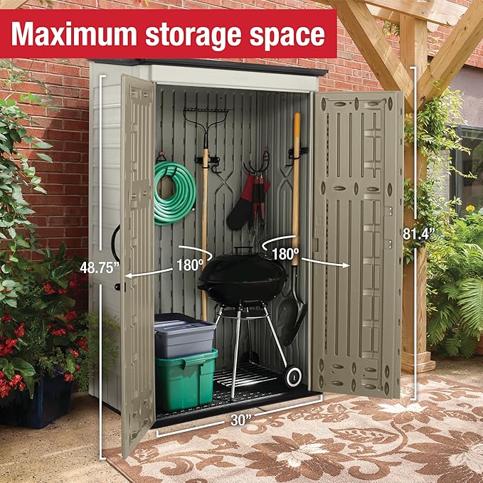 Rubbermaid Vertical Resin Outdoor Storage Shed With Floor (4 x 2.5 Ft) Weather Resistant Beige/Brown Organization for Home/Backyard/Pool Chemicals/Toys/Garden Tools/Porch/Patio Cushions