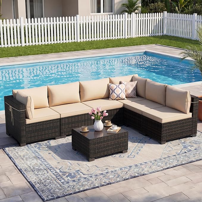 LEVELEVE 7 Pieces Outdoor Patio Furniture Sets,Rattan Conversation Sectional Set,Manual Weaving Wicker Patio Sofa with Tea Table