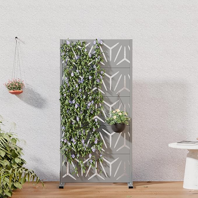 Casaphoria Metal Privacy Screen Outdoor, 60" H x 30" W Freestanding Decorative Privacy Screen for Patio Deck Balcony Garden with Stable Base, Grey-Star