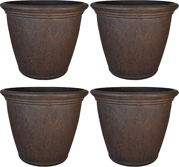 Sunnydaze 24-Inch Anjelica Large Plastic Pot for Plants - Outdoor Double-Walled Large Plastic Planter with Drillable Drainage Holes - Rust - 4pk