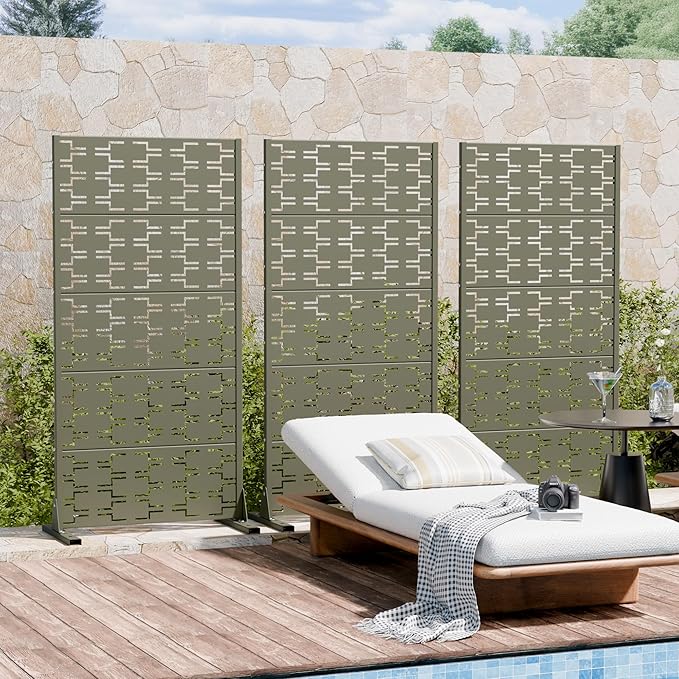 Casaphoria Metal Privacy Screen Outdoor, 60" x 30" W Freestanding Decorative Privacy Screen for Patio Deck Balcony Garden with Stable Base, Green-Brick