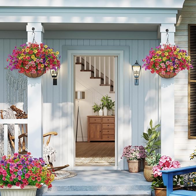 Artificial Faux Hanging Plants Flowers Basket for Outdoors Spring Summer Decoration,Hanging Planters with Fake Silk Flowers UV Resistant Realistic for Outside Porch Patio Balcony Garden （6 Multicolor）