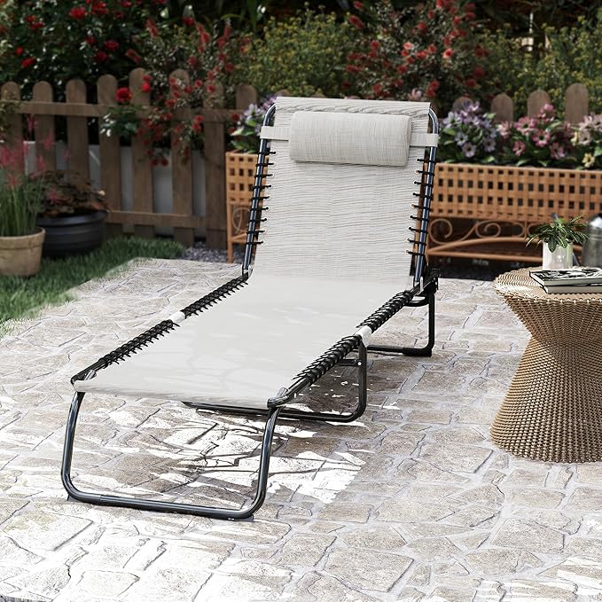 Outsunny Folding Chaise Lounge Chair, Patio Sun Tanning Chair, Outdoor Chaise Lounger with 4-Position Reclining Back, Breathable Mesh Seat for Beach, Poolside, Yard, Cream White