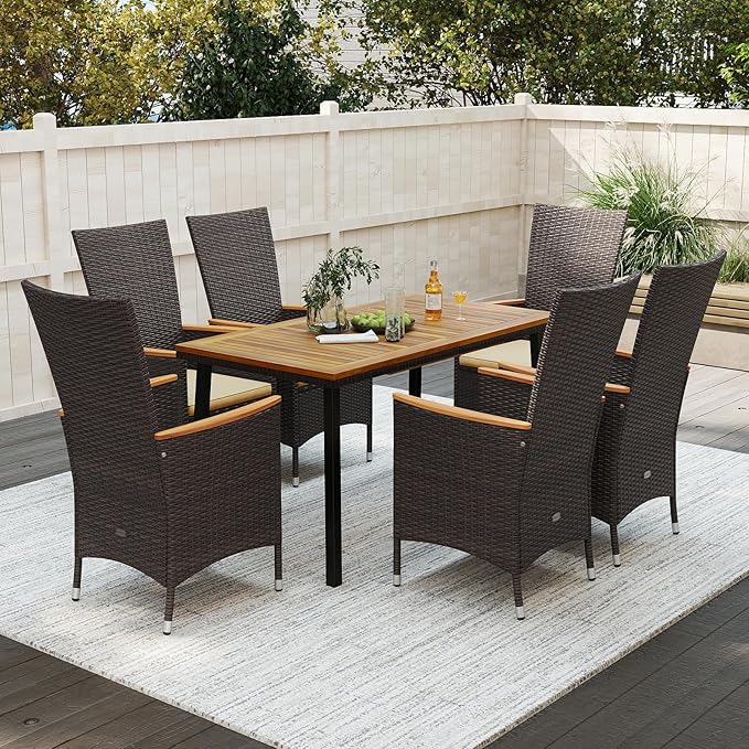 Tangkula 7 Pieces Rattan Outdoor Dining Set for 6, Outdoor Acacia Wood Table Set with 6 Cushioned Wicker Chairs, Umbrella Hole, Patio Dining Furniture Set for Deck Pool Backyard