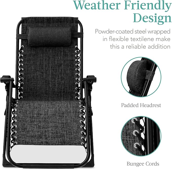 Best Choice Products Oversized Zero Gravity Chair, Folding Outdoor Patio Recliner, XL Anti Gravity Lounger w/Removable Cushion, Cup Holder, Side Tray, 350lb Capacity - Onyx Black