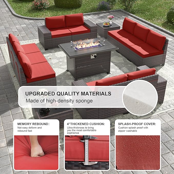Kullavik 13 Pieces Outdoor Patio Furniture Set with 43" 55000BTU Gas Propane Fire Pit Table PE Wicker Rattan Sectional Sofa Patio Conversation Sets,Red