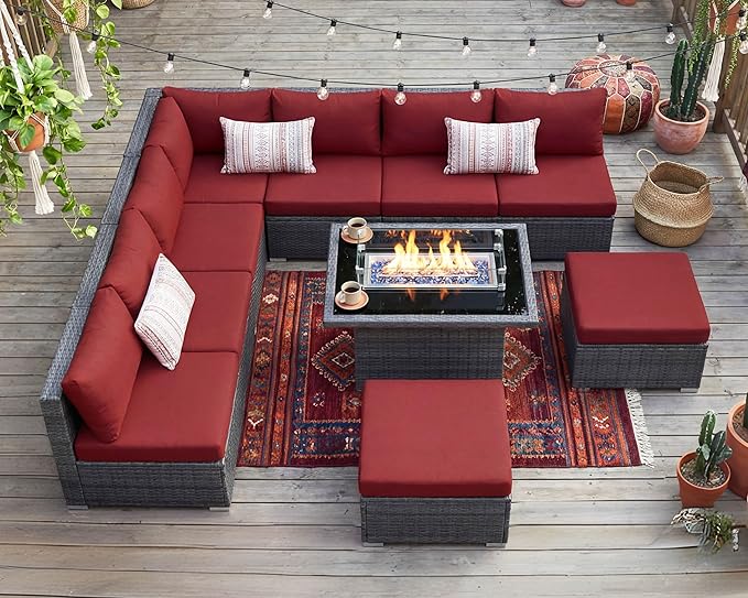 NICESOUL Backyard Furniture Set with Firepits Natural Gas/Propane, 9 Seater XL Oversized Wicker Sectional Couches, 29.3'' High Back Comfy Deep Wide Outdoor Patio Sofa Set, 2 Color Cushion Red & Gray