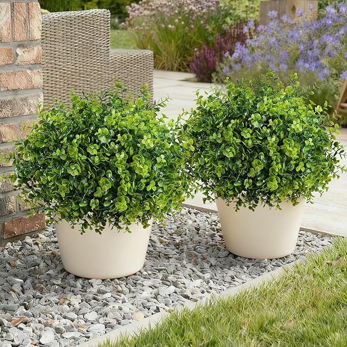 Artificial Faux Outdoor Plants for Spring Summer Decoration, 12 Bundles Fake Plastic Eucalyptus UV Resistant Look Real Fake Plants for Planter Outside Front Door Porch Patio Balcony Garden Indoor Yard