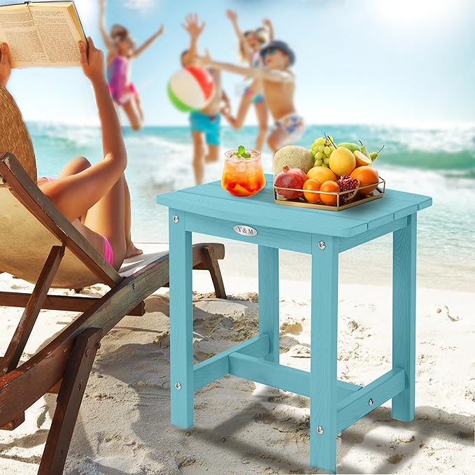 Y&M Outdoor Side Table, HIPS Adirondack Small Single Table, Waterproof Square Outside Table, Balcony Modern End Tables for Patio, Pool, Beach, Porch, Deck, Indoor or Outdoor Use, Light Blue