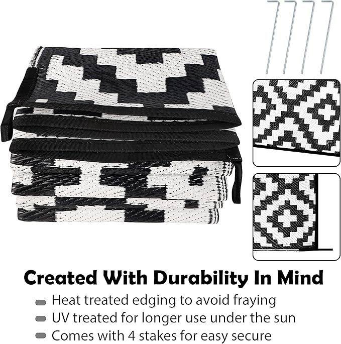 SAND MINE Waterproof Outdoor Rug 6x9 ft, Reversible Mats, Modern Area Rug, Large Floor Mat and Rug for Outdoors, RV, Patio, Backyard, Deck, Picnic, Beach, Trailer, Camping, Black & White Lattice