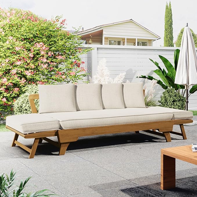Christopher Knight Home Gary Patio Convertible Couch, Wooden Outdoor Daybed, 3-Seater Acacia Wood Patio Furniture Lounge Sofa for Backyard/Poolside/Garden, Back Pillow+Removable Cushion, Teak+ Beige
