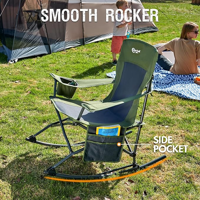 Portal Outdoor Rocking Chair Camping Folding Portable Rocker with Cup Holder Side Pocket Carry Bag, Support 350LBS (Green)