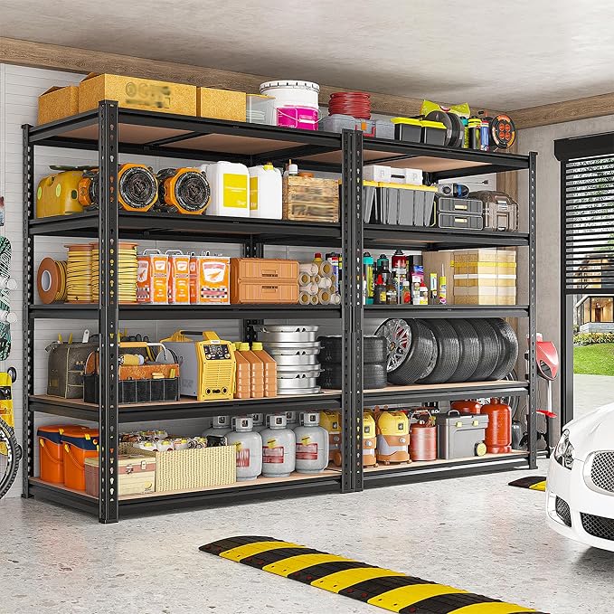 REIBII 2400LBS Storage Shelves 5 Tier Garage Shelving Heavy Duty, Adjustable Metal Shelving, Garage Shelves for Basement, Warehouse, Pantry, Closet, Kitchen 72" H x 35.55" W x 16" D, Black, 4 Pack