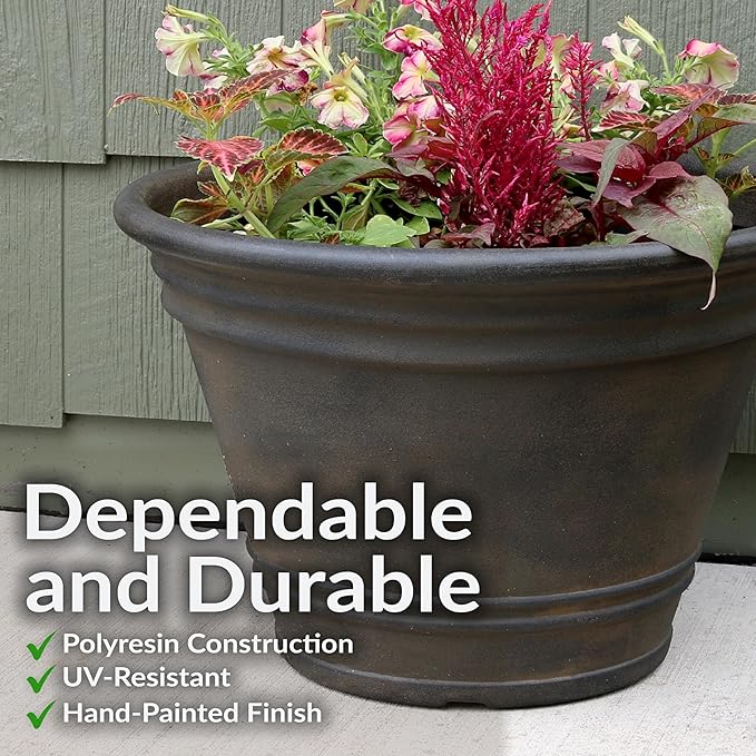 Sunnydaze 20-Inch Franklin Large Plant Pot - Polyresin Round Outdoor Planter with Drillable Drainage Hole - Sable