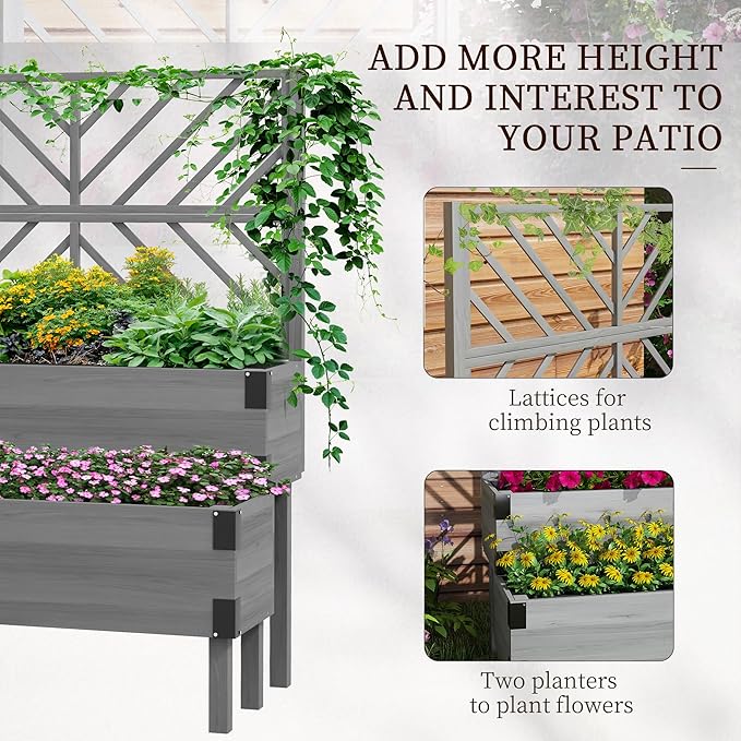 Outsunny Raised Garden Bed with Trellis, 2 Tier Wooden Elevated Planter Box with Legs and Metal Corners for Vegetables, Flowers, Herbs, Gray