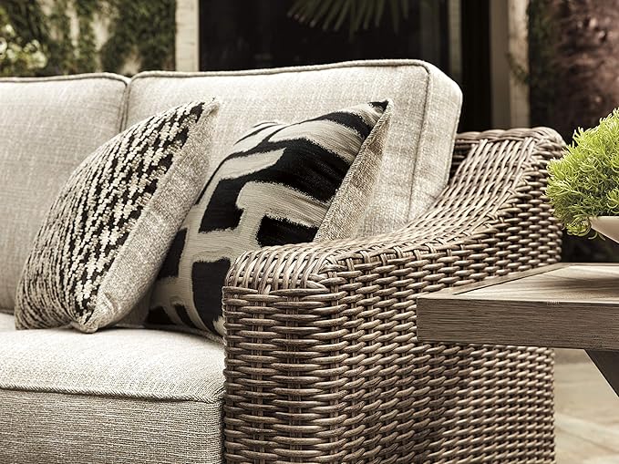 Signature Design by Ashley Beachcroft Outdoor Left & Right Arm Facing Wicker Patio Loveseats, Nuvella Weather Resistant Fabric, Brown & Beige
