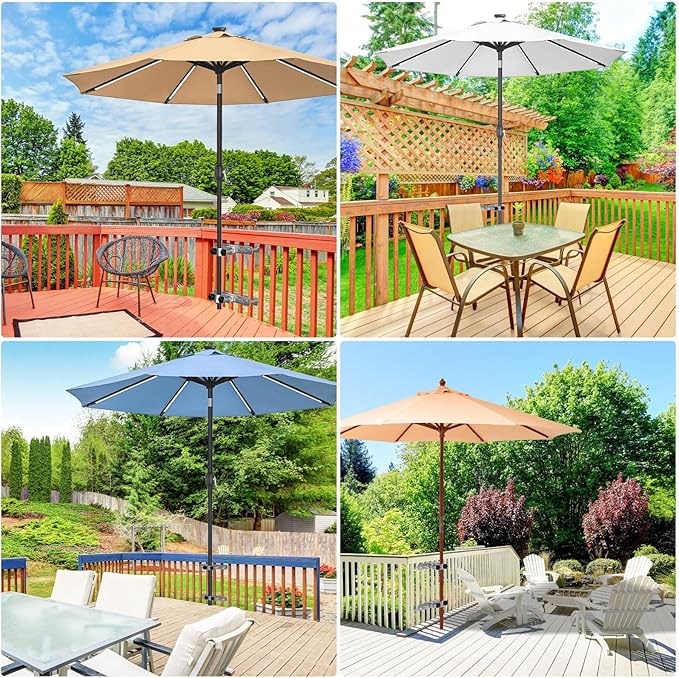 Heavy Duty Deck Railing Umbrella Holder, Adjustable Patio Umbrella Stand for 1-2 Inch Poles, Secure & Sturdy Railing Grille Mount, Maximizes Outdoor Space