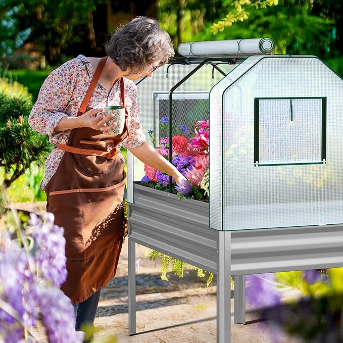 Galvanized Raised Garden Bed with Self-Watering System, Elevated Planter Boxes Outdoor with Legs and PE Cover for Vegetables and Flowers, Backyard, Patio, Balcony, 48x24x56 in