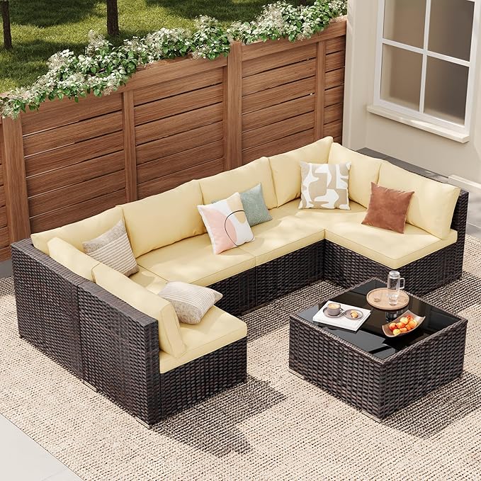 Patio Furniture Sets 7 Pieces Outdoor Sectional Rattan Sofa Manual Weaving Wicker Patio Conversation Set with Glass Table and Cushion (Beige)
