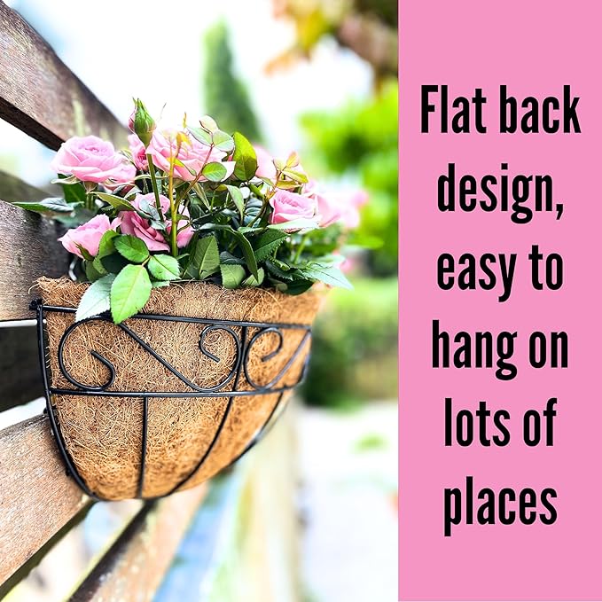 LaLaGreen 16 Inch Wall Mounted Flower Baskets, 4 Pack, Large Railing Planter Deck Rail Hanging Plant Pots Holders with Coco Liner Outdoor, Metal Herb Fence Porch Balcony Garden Patio Window Box Trough