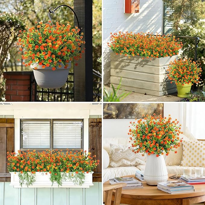 20 Bundles Artificial Flowers for Outdoors Fake Plastic Flowers UV Resistant Realistic Faux Plants Shrubs for Spring Summer Garden Porch Yard Patio Planter Window Box Home Decor, Orange