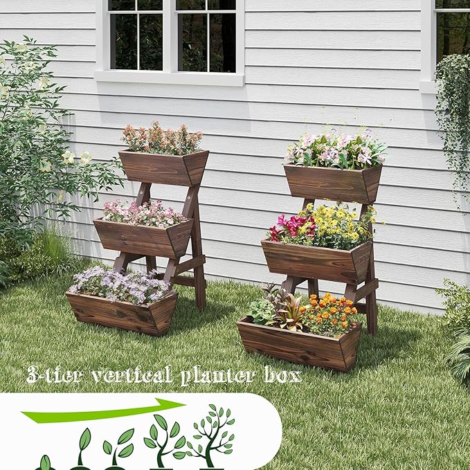 3-Tiers Wooden Raised Garden Bed Tiered Planter Box Flower Pots Vertical Garden Planter Wood Plant Stand Planter Kit for Vegetables Flowers Herbs for Patio Balcony Freestanding (Carbonized S)