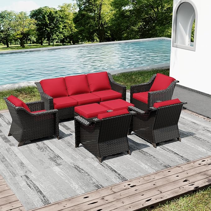 Joyside Wicker Patio Furniture Sets, 7 Pieces Upgraded Large Size Outdoor Furniture with 4 Swivel Rocking Patio Chairs, 3-Seat Sofa, Outdoor Ottoman, Thick Cushions, Wide Armrest, Red