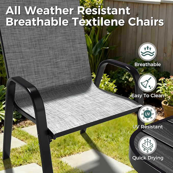 Pamapic Outdoor Dining Sets for 6, Rectangular Steel Slat Table with 6 Textilene Chairs, 7 Piece Patio Table and Chairs Set with Umbrella Hole for Patio, Garden, Backyard and Poolside (Grey)